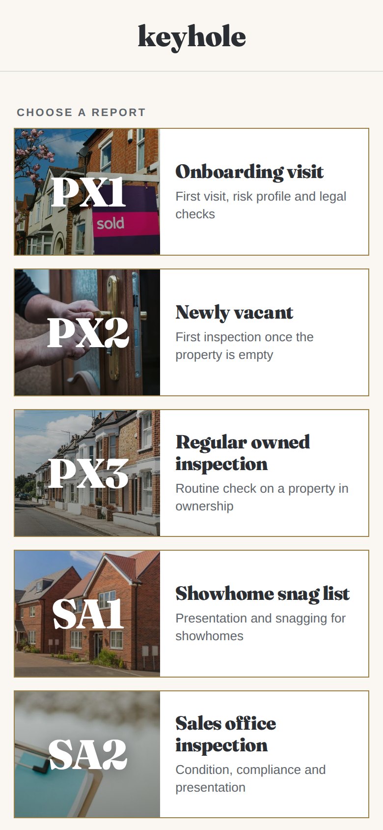 Keyhole dashboard listing the available report types