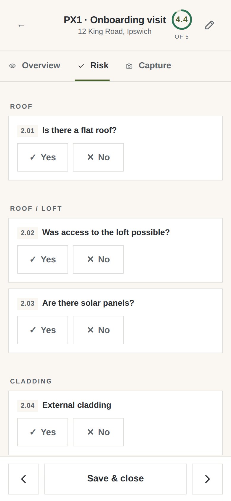 Risk checklist with yes and no questions about roof, loft and cladding