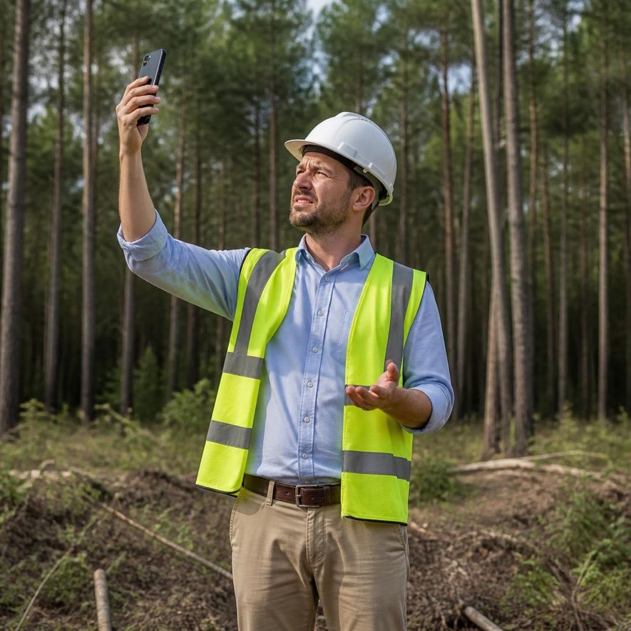 A site lead in a hard hat and hi-vis holding up a phone outdoors